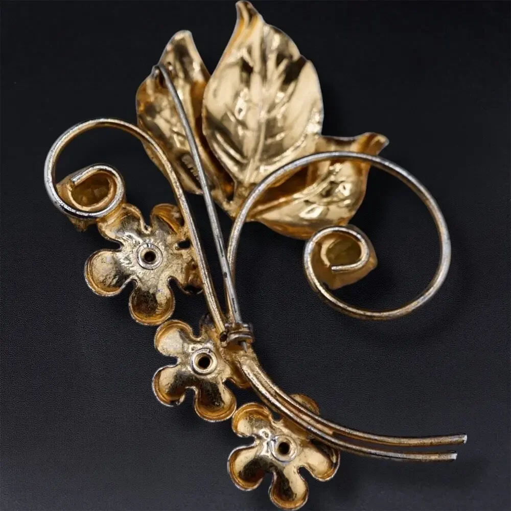 Vintage Sterling Silver Vermeil Flower Floral Spray Brooch Rhinestone Pin‎ 3